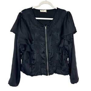Deby Debo Blouse Jacket Womens Black Yucca Embroidered Flutter Ruffle Zip XL